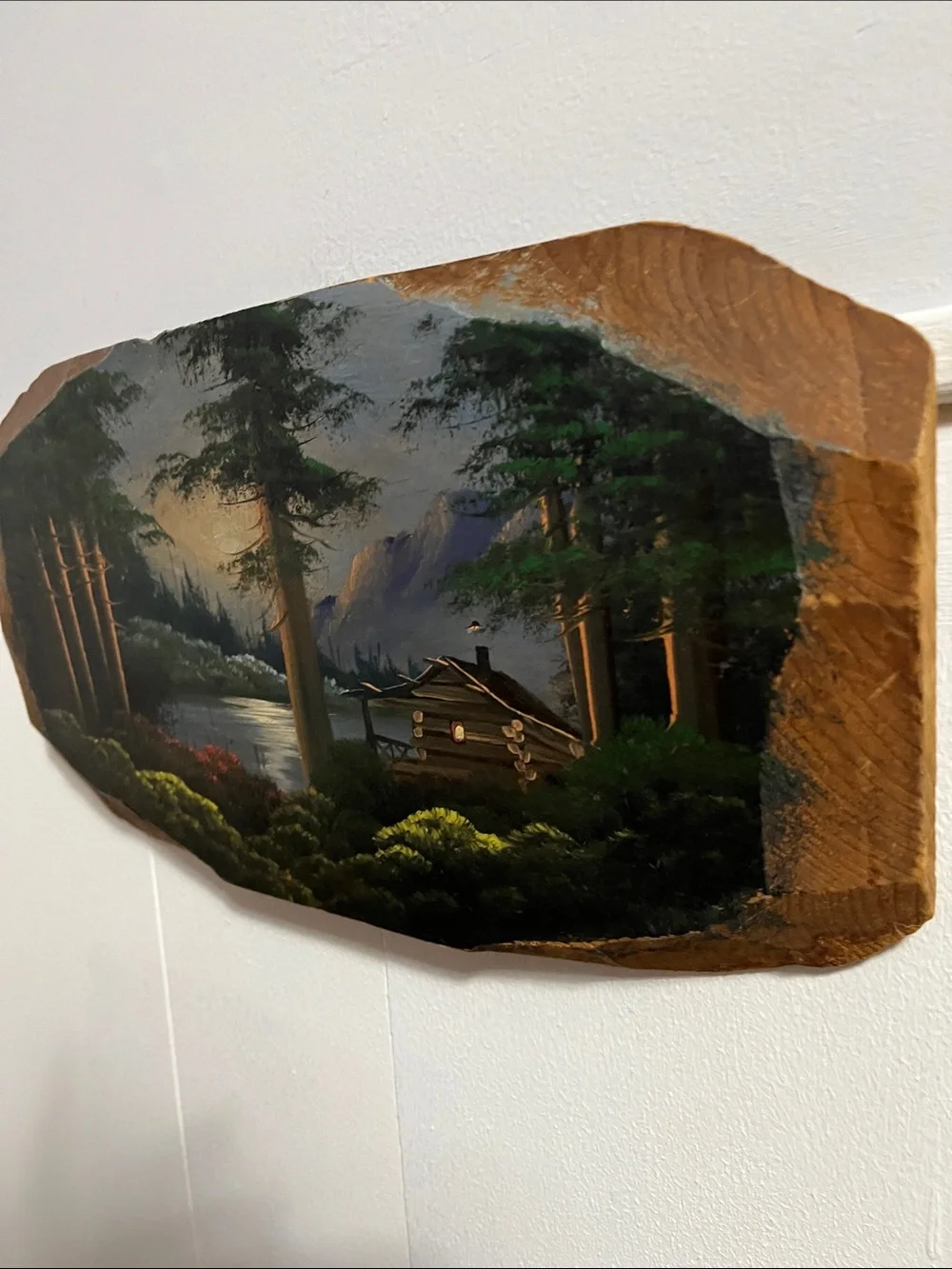 Hand painted wood cabin scene (Joe Breckenridge) possibly wall decor